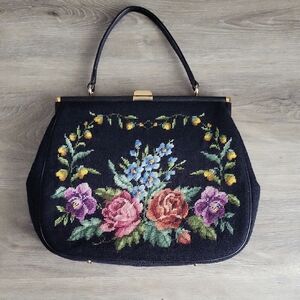 Vintage Mid-Century Needlepoint Floral Tapestry Purse